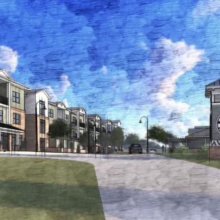A peaceful residential street lined with modern apartment buildings under a bright blue sky with scattered clouds.