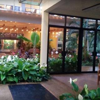 A beautifully designed indoor space featuring lush greenery and glass doors.