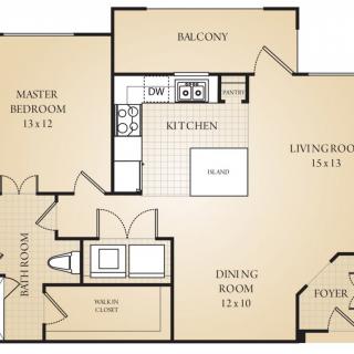 Two-bedroom apartment floor plan with a kitchen, living room, dining area, and balcony.