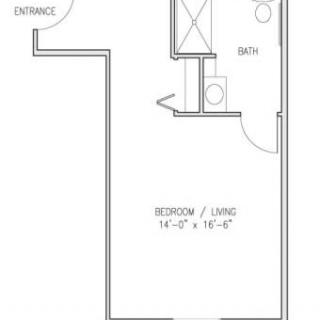 A simple architectural floor plan of an apartment with a combined bedroom and living area.