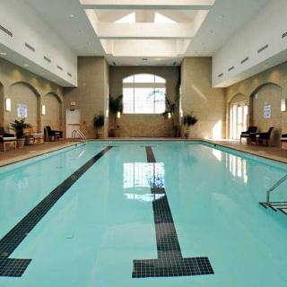 A luxurious indoor swimming pool with elegant architectural features and ample natural light.