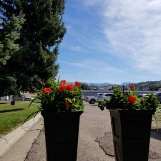 Colorful flower planters frame a picturesque view.
