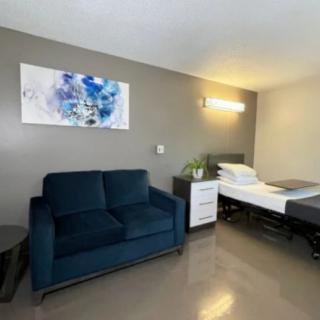 A minimalist room with a blue sofa, bed, and modern decor.