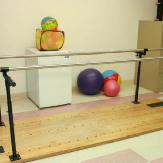 A physical therapy room featuring parallel bars and colorful exercise balls.