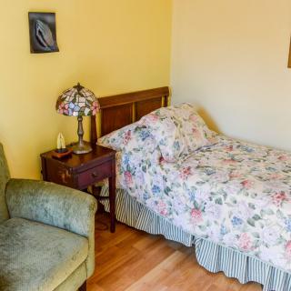 Cozy bedroom with a floral-patterned single bed, an armchair, and a decorative lamp on a nightstand.