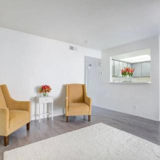 A minimalist living room featuring two mustard-colored chairs, a small white table with flowers, and a large rug on wooden flooring.