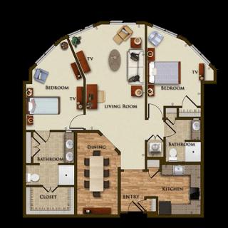 This image shows a detailed layout of a two-bedroom apartment, including living and dining areas, kitchen, and bathrooms.