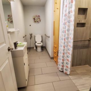 A modern bathroom with a toilet, sink, and shower.