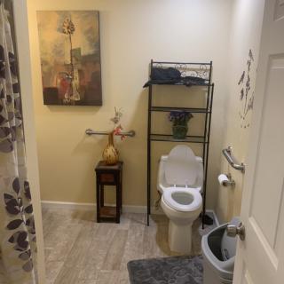 A neatly arranged bathroom with a toilet, shelving unit, artwork, and decorative items.
