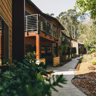 A modern building with balconies nestled in a lush, green outdoor setting.