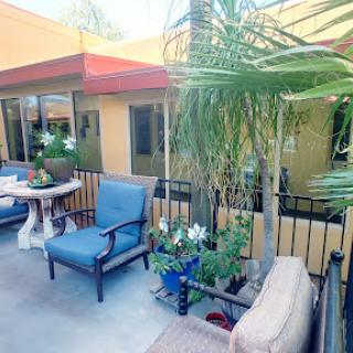 A serene outdoor patio area with comfortable furniture and vibrant plants, perfect for relaxation.
