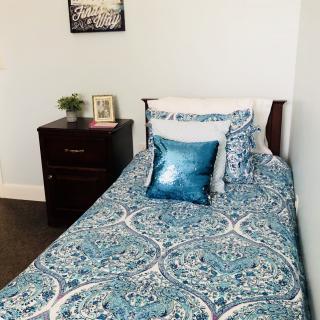 A cozy bedroom with a single bed adorned in blue patterned bedding, accompanied by a nightstand and decorative items.