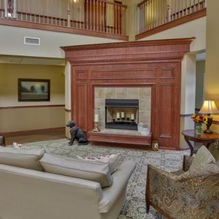 A cozy living room featuring a central fireplace, surrounded by comfortable seating and warm decor.