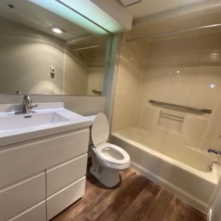 A modern bathroom featuring a toilet, sink, and bathtub with wooden flooring and ample lighting.