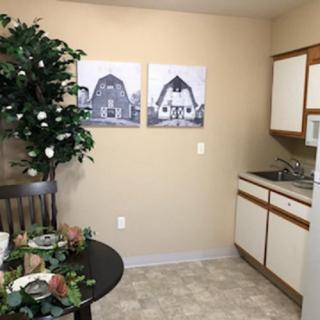 A cozy kitchen and dining area featuring a table set for dining, artwork on the wall, and an indoor plant.