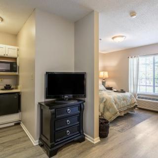 A cozy studio apartment with a combined living and sleeping area featuring a bed, television, and kitchenette.