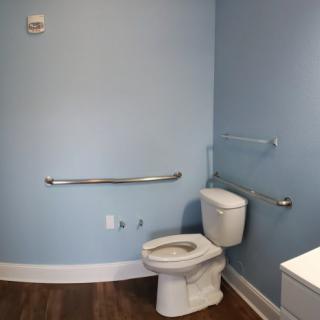 A bathroom with light blue walls, featuring a toilet and grab bars for accessibility.