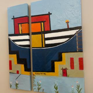 A vibrant abstract painting depicting a stylized boat against a blue background.