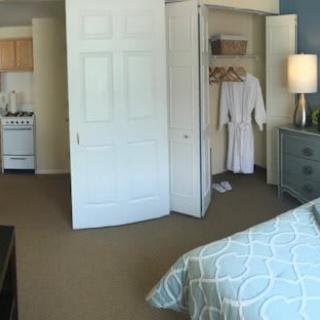 A cozy bedroom with an open closet and a glimpse of a kitchen area.