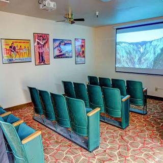 A small theater room with rows of green upholstered seats facing a large screen displaying a nature scene, adorned with colorful posters on the walls.