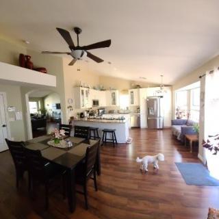 An open floor plan kitchen and dining area with hardwood floors, featuring a ceiling fan and natural light.