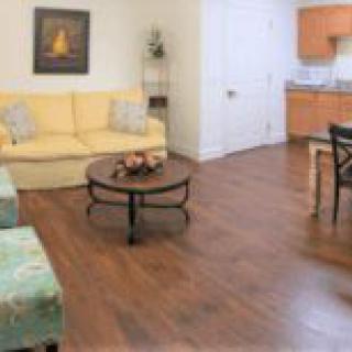 A cozy living room with a yellow sofa, coffee table, and adjacent kitchen area featuring wood flooring.