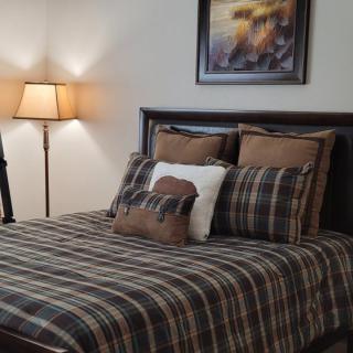 A cozy bedroom featuring a plaid-patterned bedspread and pillows, with a lamp on the side and framed artwork on the wall.