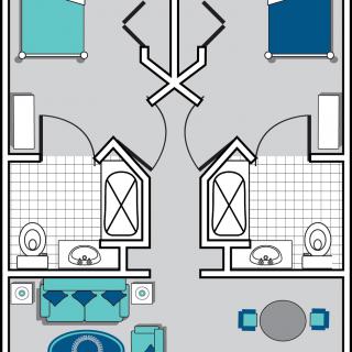 A floor plan of a two-bedroom apartment featuring bunk beds, bathrooms, and a shared living room area.