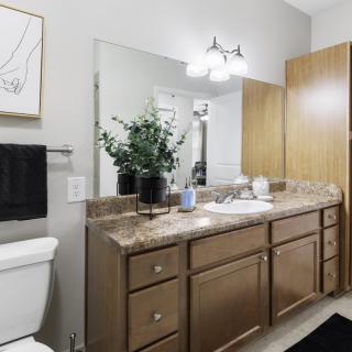 A well-lit bathroom with a large mirror, wooden cabinets, and a marble countertop.