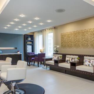 A modern and stylish waiting area with comfortable seating and contemporary decor.