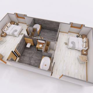 A 3D floor plan of a two-bedroom apartment with shared bathroom and modern furnishings.
