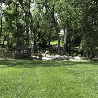 A serene park scene featuring lush greenery and trees.