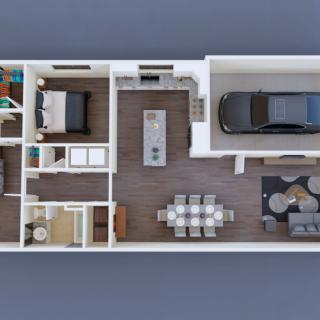 3D floor plan of a modern single-story home with a garage.
