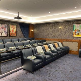 A luxurious home theater with comfortable seating and classic movie posters.