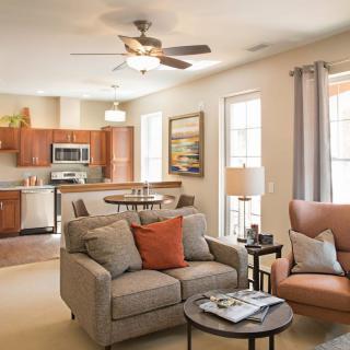 A modern open-plan living room and kitchen area with comfortable seating and stylish decor.