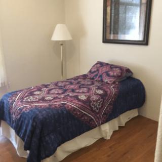 A simple bedroom with a single bed, lamp, and framed picture on the wall.