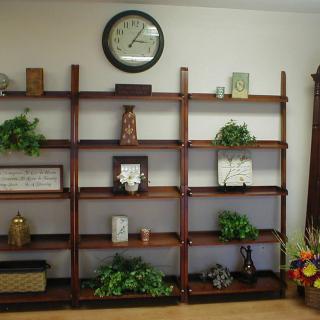 A wooden shelf decorated with various plants, decorative items, and a wall clock.