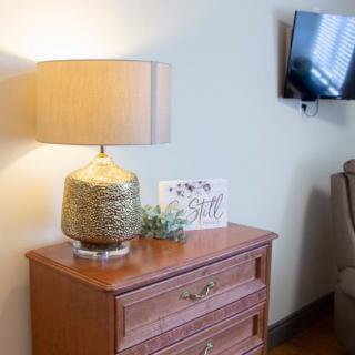A cozy living room corner featuring a lamp on a wooden dresser with a decorative card and plant, alongside a wall-mounted TV.