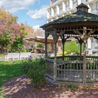 A scenic garden with a wooden gazebo and benches under a clear blue sky.