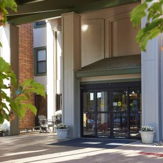 The entrance of a building with glass doors and surrounding greenery.