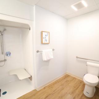 An accessible bathroom with a walk-in shower and grab bars.