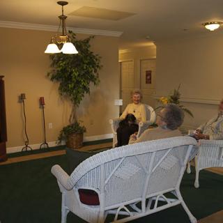 A cozy living room with wicker furniture and indoor plants, where people are relaxing.