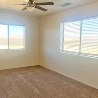 An empty room featuring carpeted flooring, a ceiling fan, and abundant natural light through large windows.