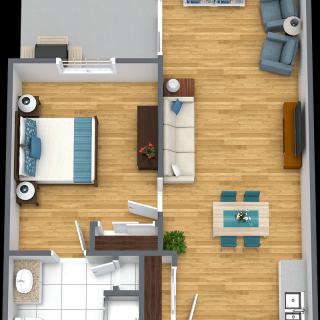 A spacious one-bedroom apartment layout with a living room, dining area, kitchen, and bathroom.