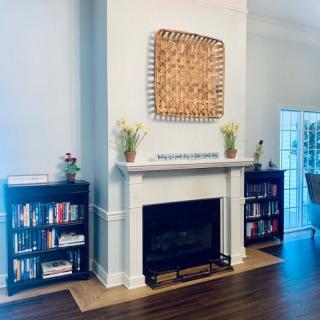 A cozy living room featuring a fireplace flanked by bookshelves and tasteful decorations.
