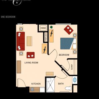 An apartment floor plan featuring a living room, kitchen, one bedroom, and a bathroom.