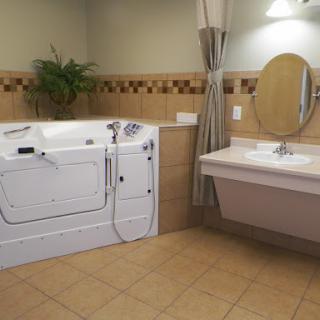 A modern bathroom featuring a jacuzzi tub alongside a sink and mirror.