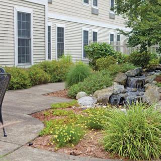 A beautifully landscaped garden with a water feature and patio seating.