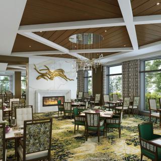 A modern and elegant restaurant dining area featuring stylish furniture and a cozy fireplace.