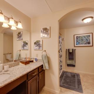 A well-lit bathroom with a marble countertop, decorative mirrors, and a shower area.